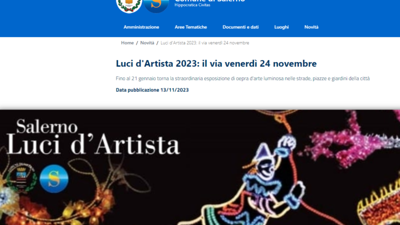 Comunicato stampa Comune di Salerno del 13/11/2023 – Luci d’Artista 2023: il via venerdì 24 novembre