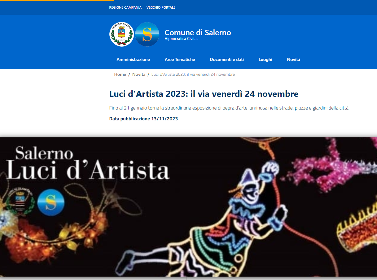 Comunicato stampa Comune di Salerno del 13/11/2023 – Luci d’Artista 2023: il via venerdì 24 novembre
