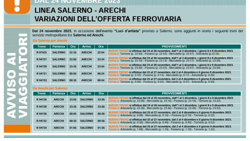 Orari della Metropolitana per il periodo delle luminarie di Salerno 2023/2024