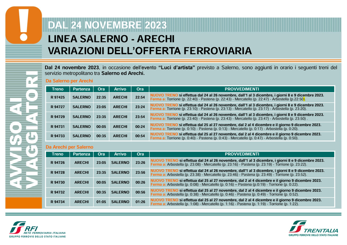 Orari della Metropolitana per il periodo delle luminarie di Salerno 2023/2024