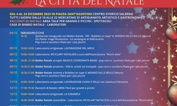 MeraviglioSA – a Piazza Sant’Agostino il programma artistico dei mercatini di Natale 2023