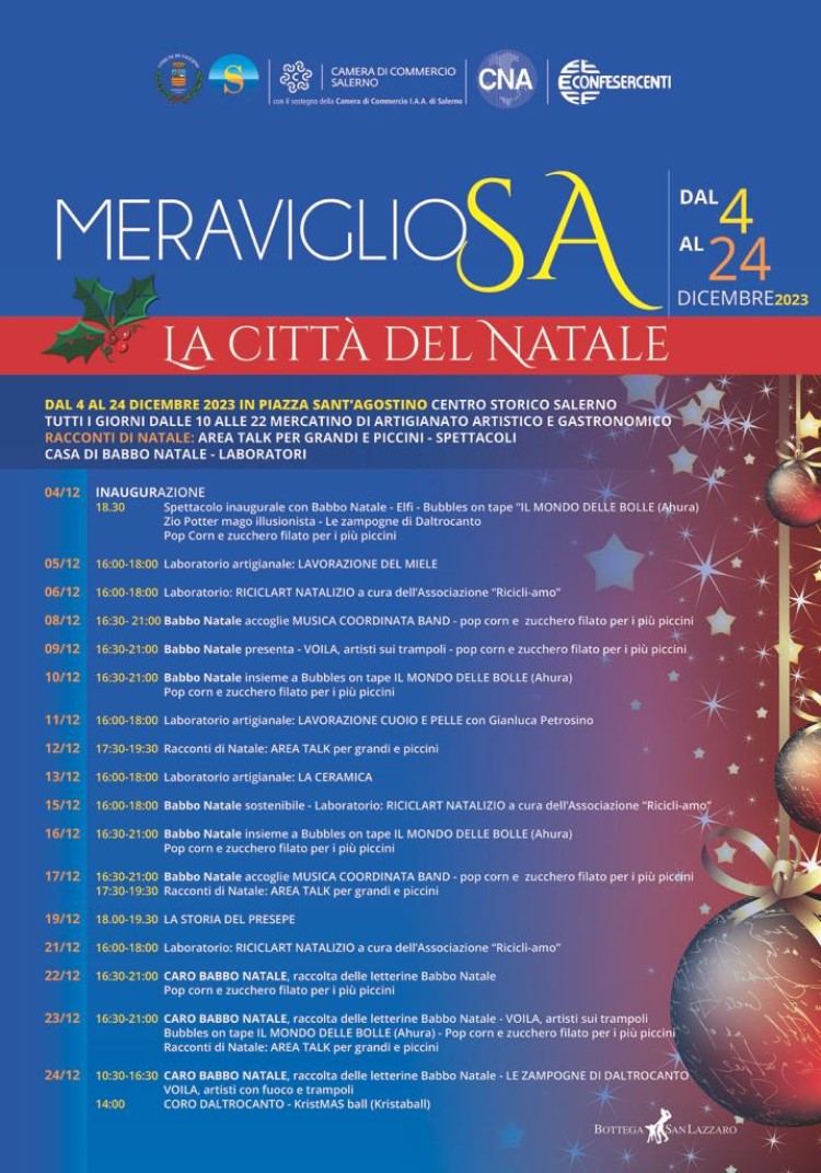 MeraviglioSA – a Piazza Sant’Agostino il programma artistico dei mercatini di Natale 2023